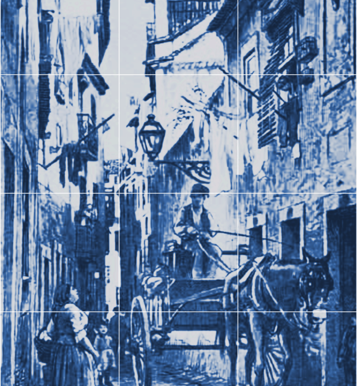 Azulejos ou faiança representando o bairro da Mouraria em Lisboa no século XIX