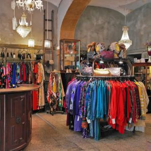Vintage shop with second hand clothes in the city centre of Lisbon in the Baixa district