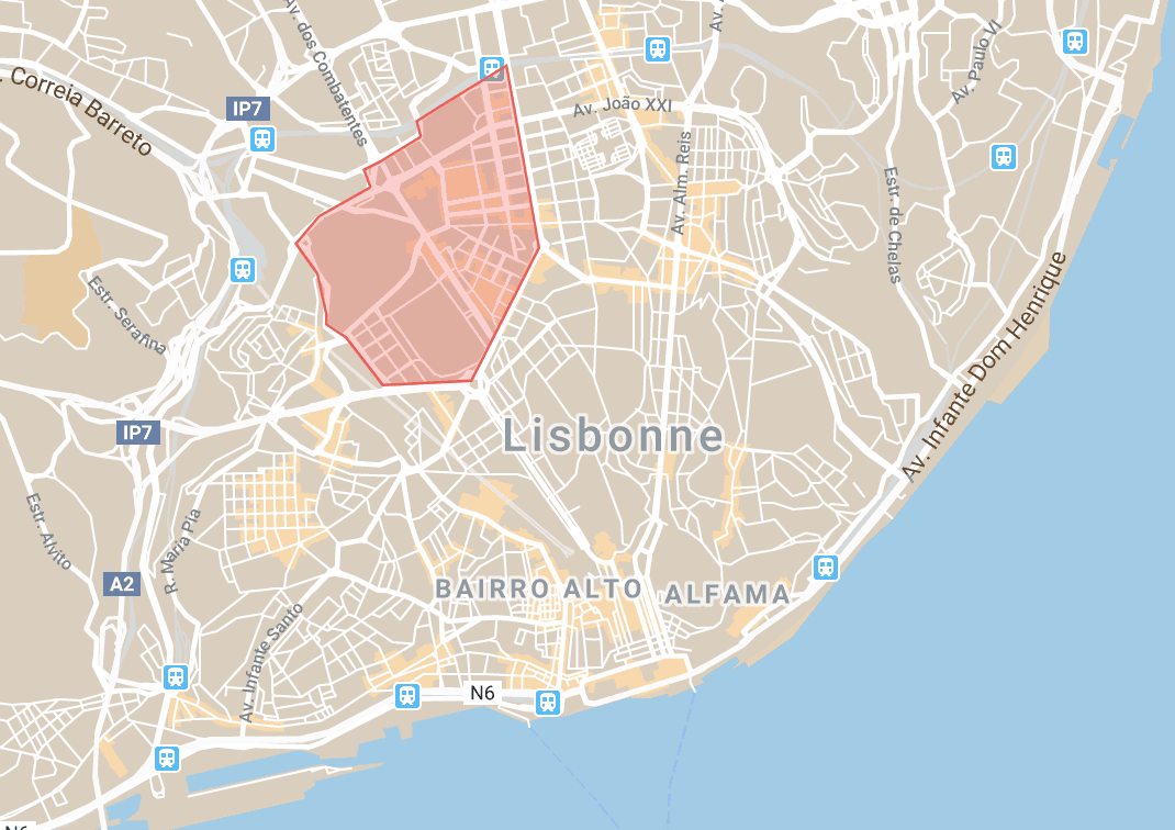 Alojamiento en el mapa de las Avenidas Novas de Lisboa