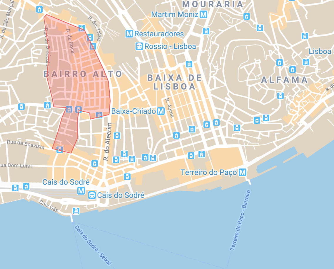 Alojamiento en Lisboa mapa de Bairro Alto y Bica