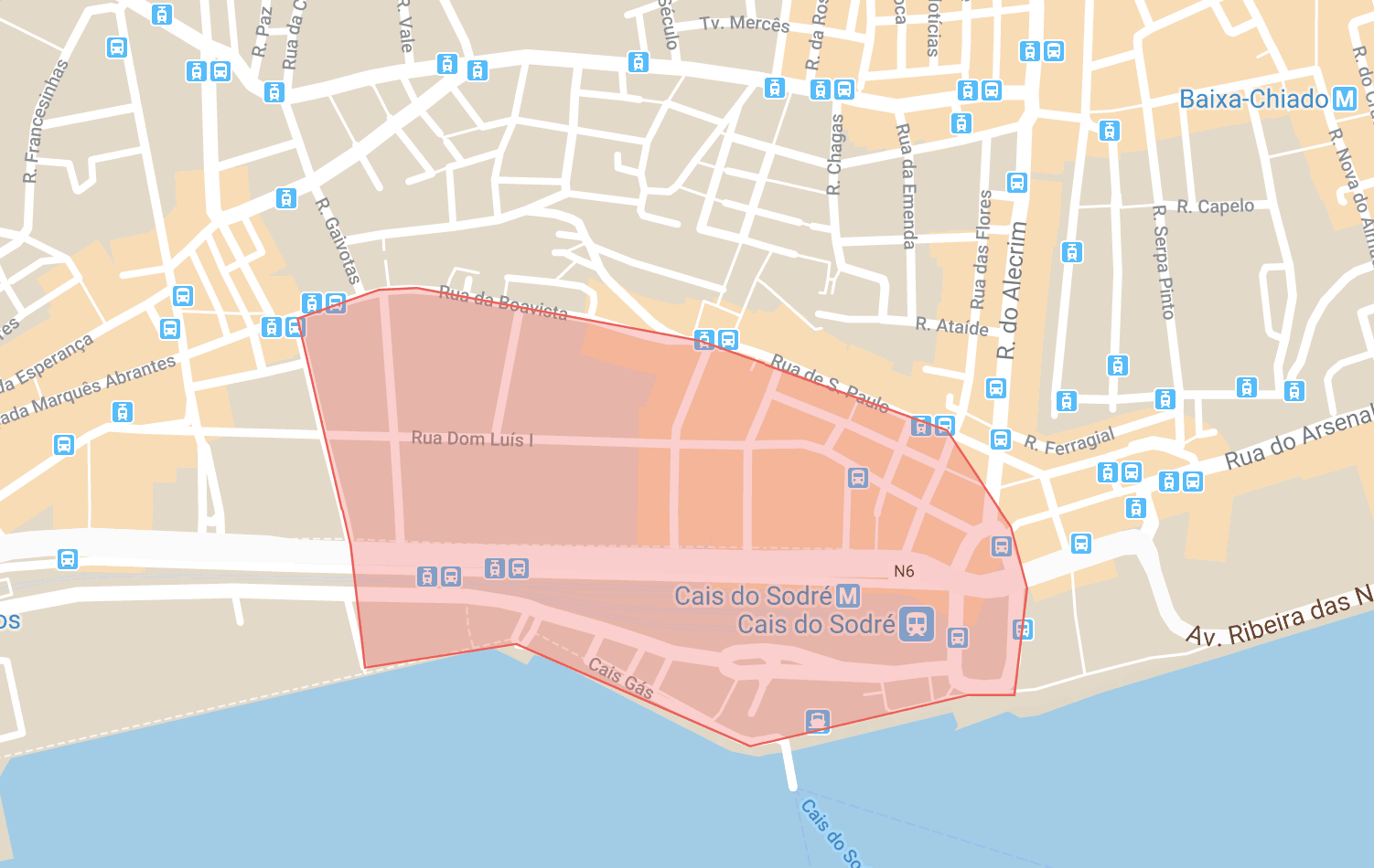 Alojamiento en Lisboa mapa del distrito de Cais do Sodre