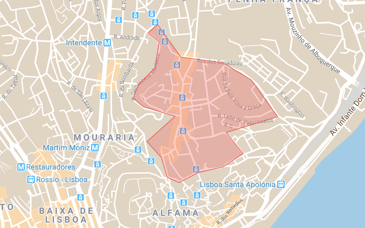 Alojamiento en Lisboa mapa del distrito de Graça