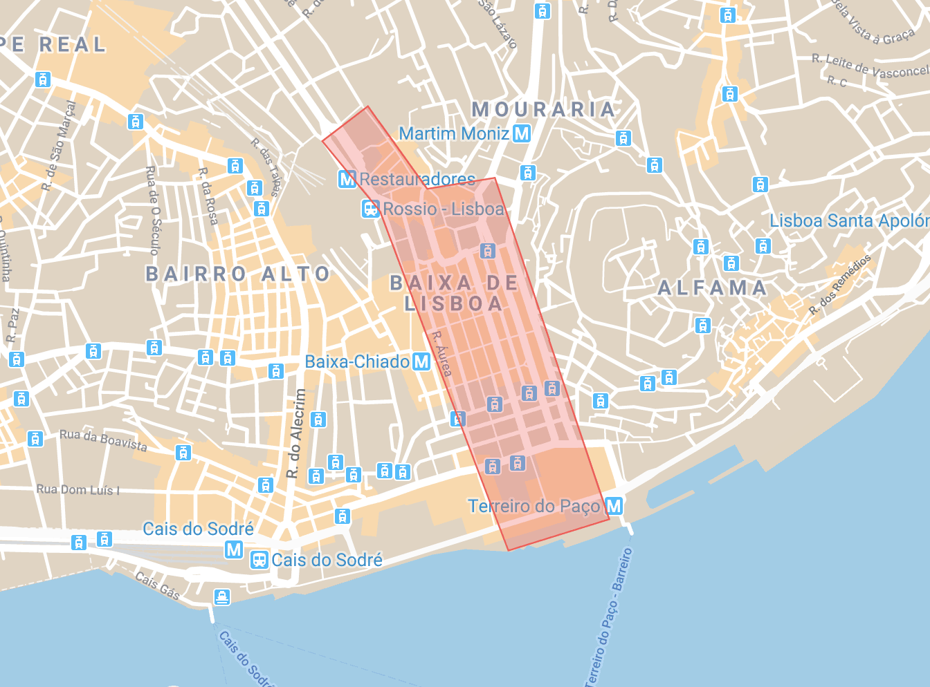 Alojamiento en el mapa del distrito de Lisboa Baixa