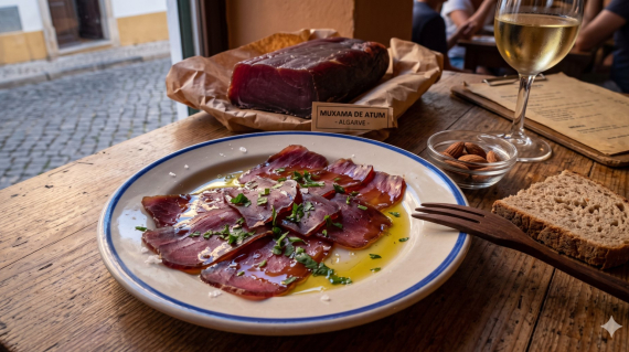 Muxama, atún curado portugués, servido con aceite de oliva y vino en POP en Graça, Lisboa
